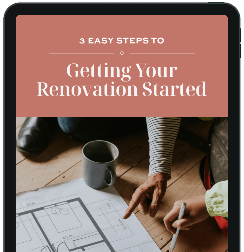 A person pointing at a renovation blueprint next to a coffee mug on a wooden floor, with the text "3 easy steps to getting your renovation started" above.